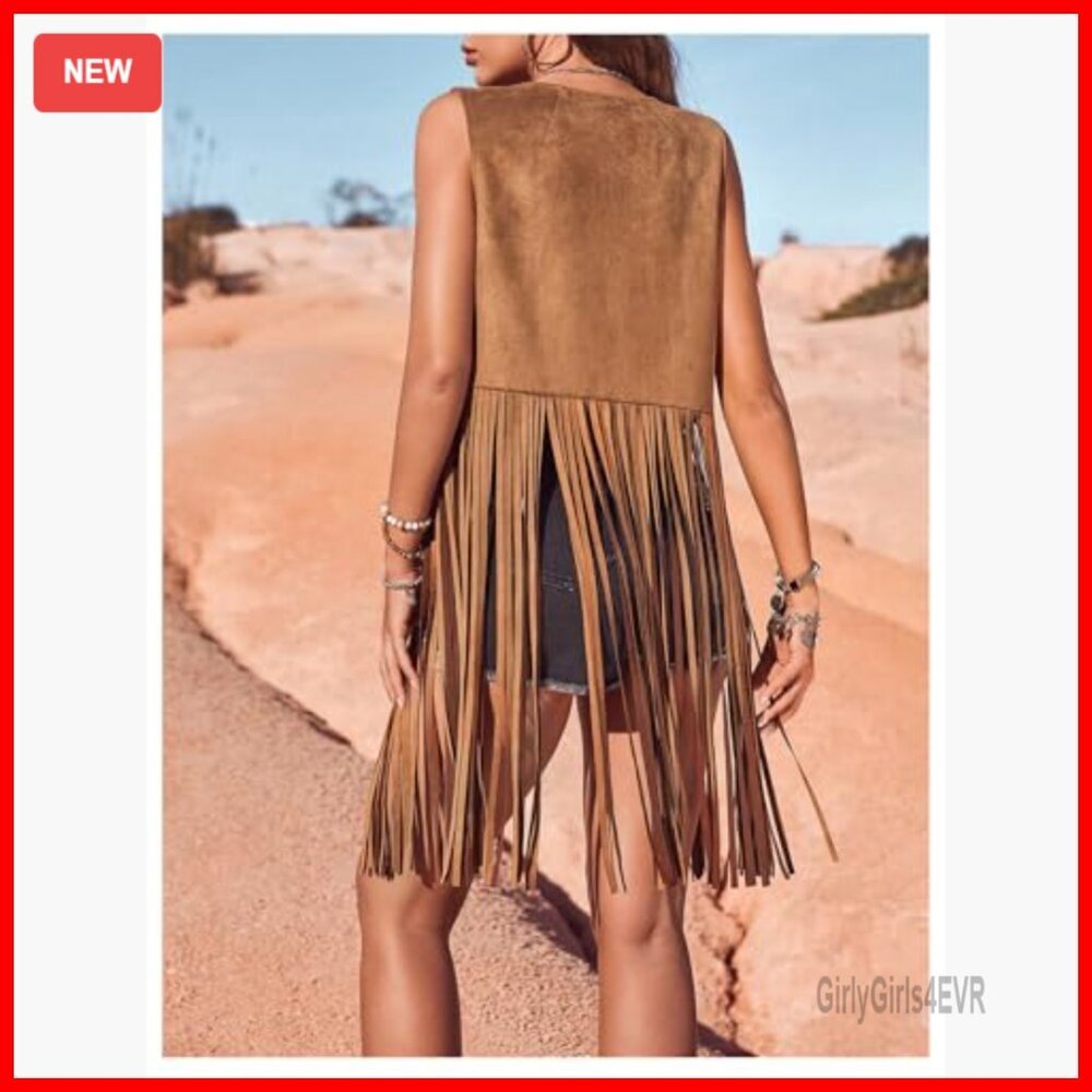 Faux Suede Fringe Vest Sleeveless Western Chic Crop Tassel Jacket - Picture 7 of 7